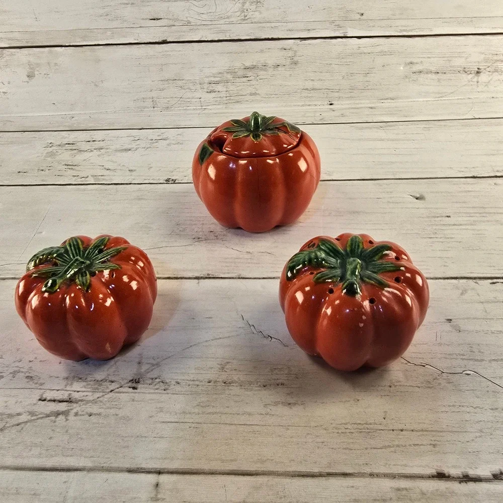 Vintage Ceramic Pumpkin Tomato Salt Pepper Shakers and Lidded Jam Pot Set Orange